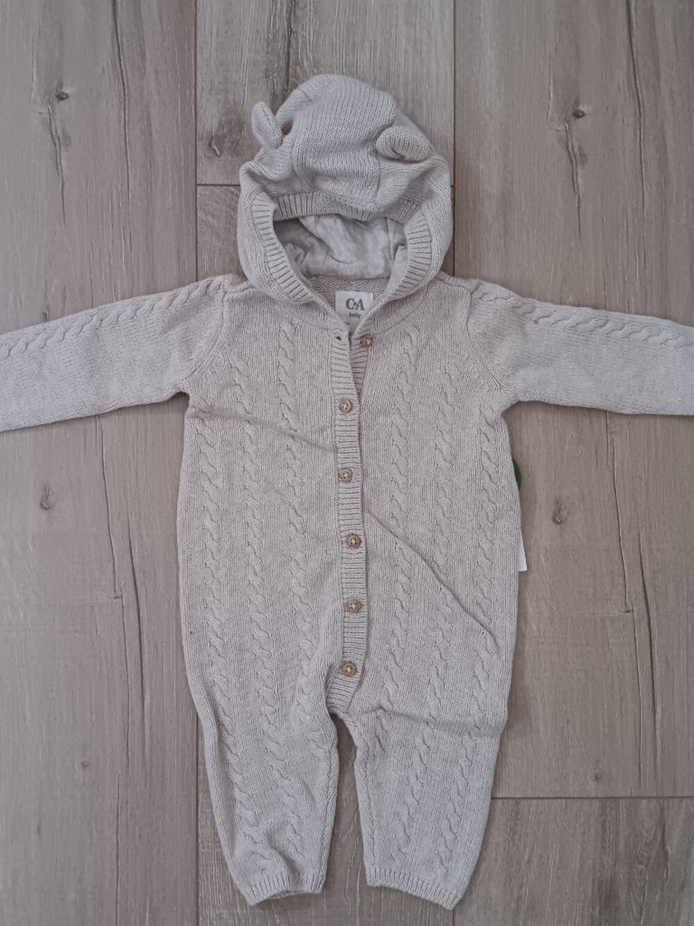 🔥4 for $20🔥 C&A Baby Knit Hooded Romper Bear Ears Beige Jumpsuit 3-6 Mths